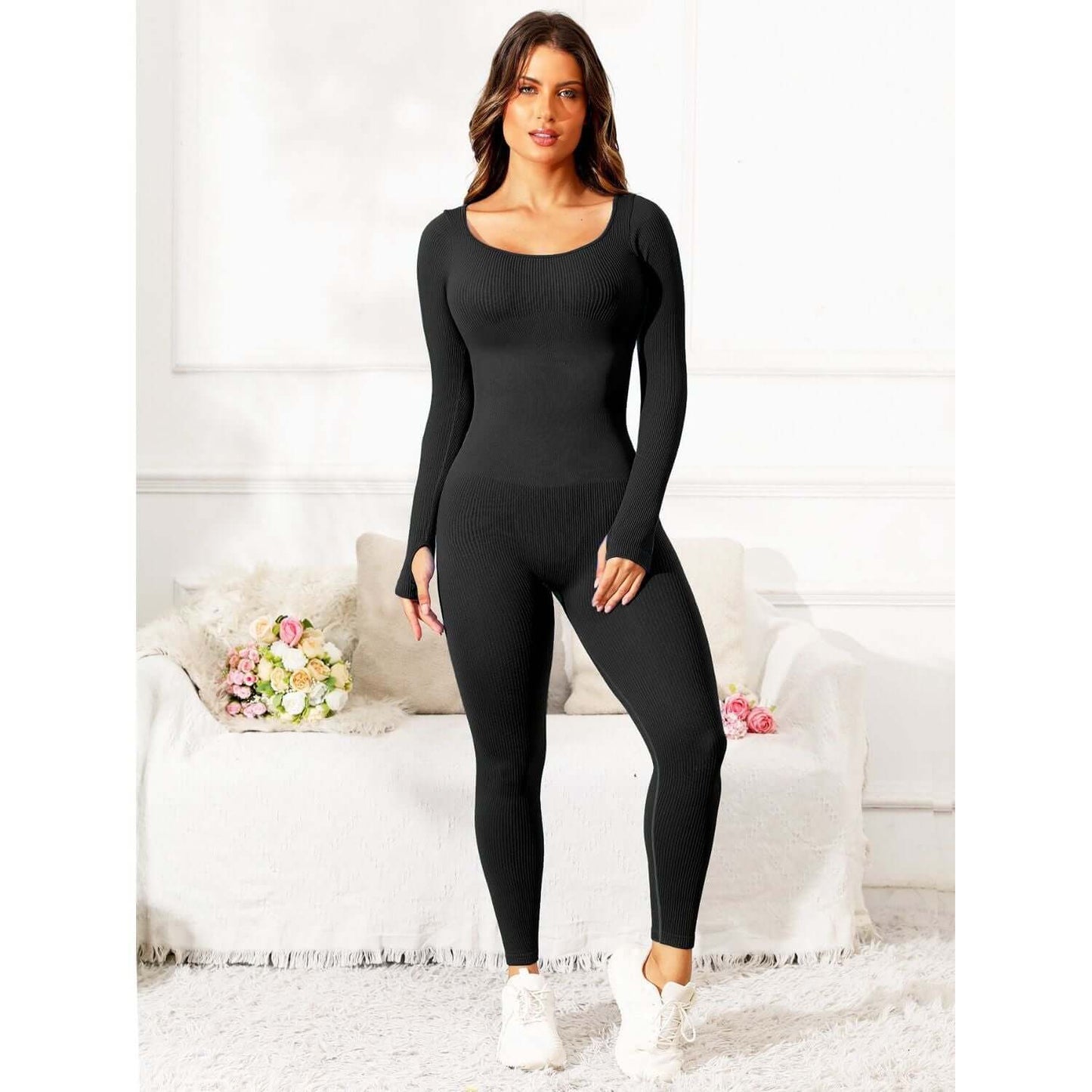 Scoop Neck Long Sleeve Active Jumpsuit