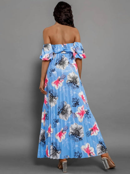 Pleated Floral Off-Shoulder Maxi  Dress