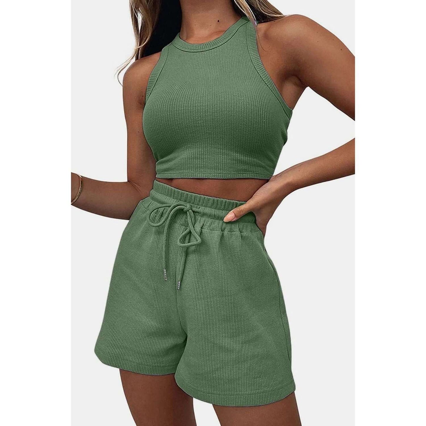 Round Neck Drawstring Shorts Set