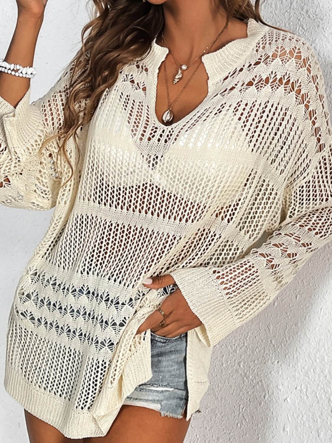 Notched Long Sleeve Cover-Up