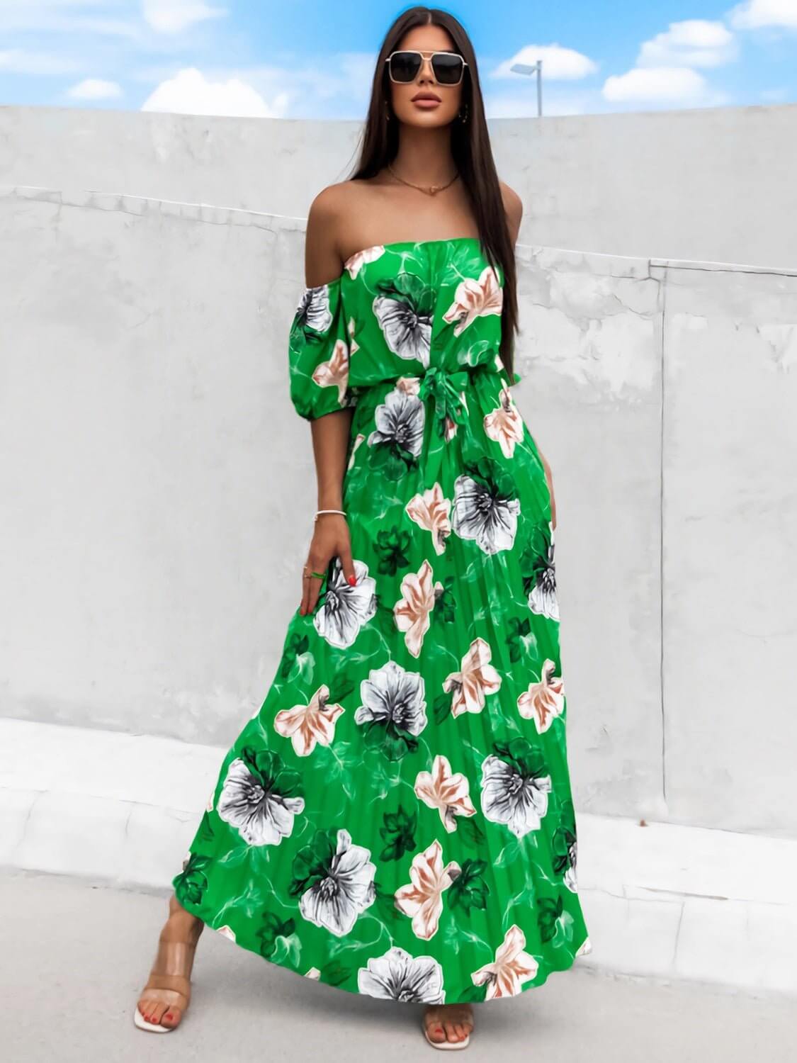 Pleated Floral Off-Shoulder Maxi  Dress