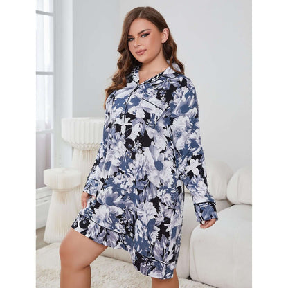 Floral Lapel Collar Long Sleeve Night Dress