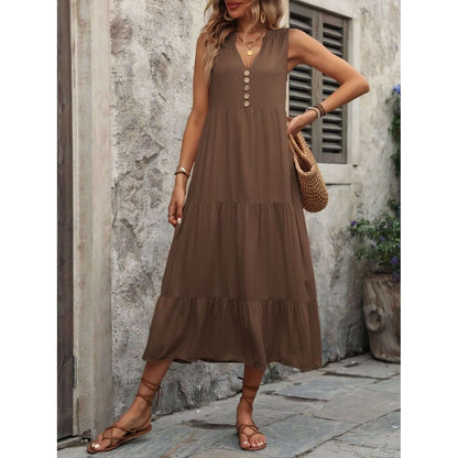 Decorative Button Notched Sleeveless Dress