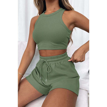 Round Neck Drawstring Shorts Set