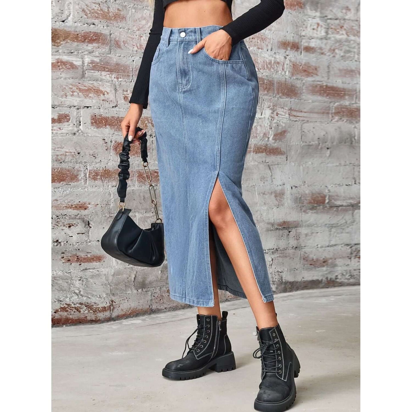 Slit High Waist Denim Skirt with Pockets