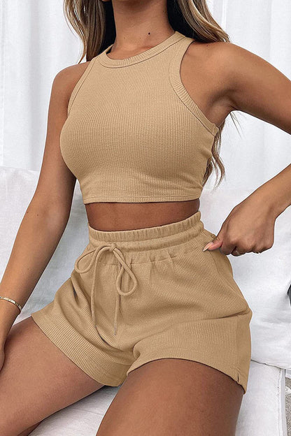 Round Neck Drawstring Shorts Set