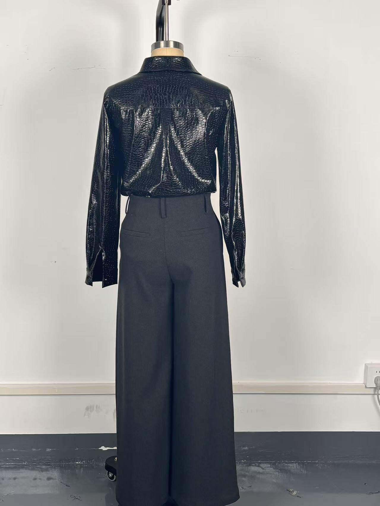 Women Clothing Long Sleeve Shirt Glossy Serpentine Faux Leather Top Autumn Winter