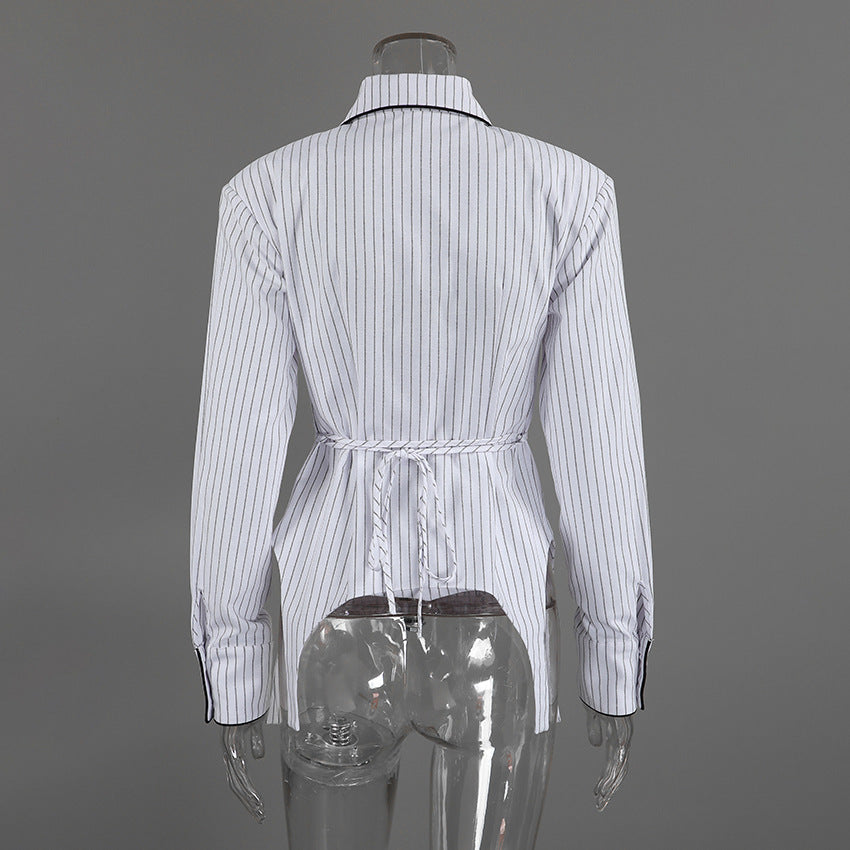 French Pointed Collar Striped Long Sleeved Shirt Women Autumn Office Shoulder Shirt Professional Top