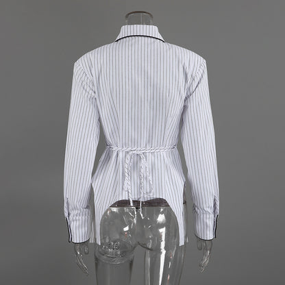 French Pointed Collar Striped Long Sleeved Shirt Women Autumn Office Shoulder Shirt Professional Top