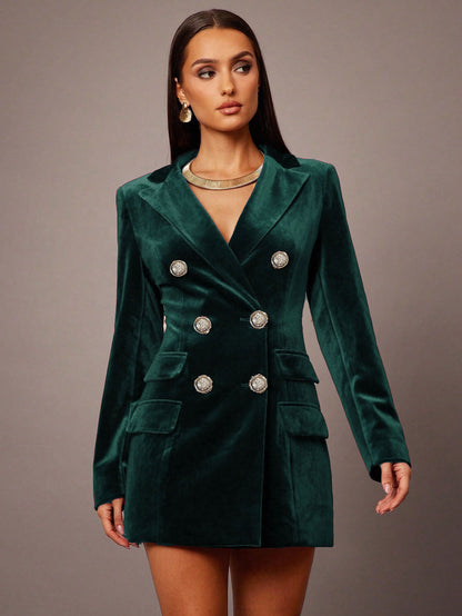 Velvet Coat Women Polo Collar Elegant British Double Breasted Slim Business Blazers Dress
