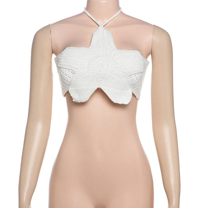 Spring Women Sexy Solid Color Halter Lace up Cutout Knitted Camisole