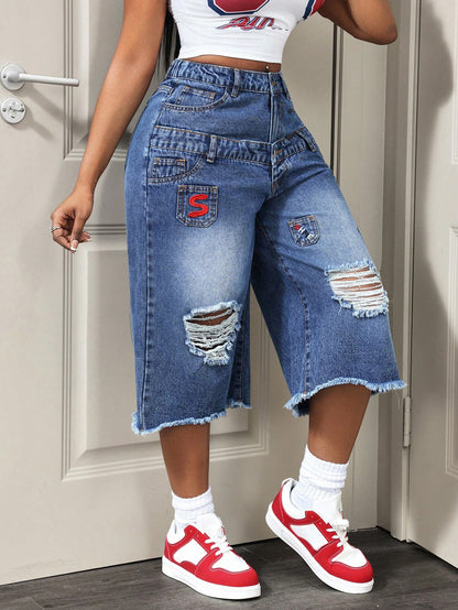 Trend Casual Ripped Frayed Summer Women Jeans Cropped Pants