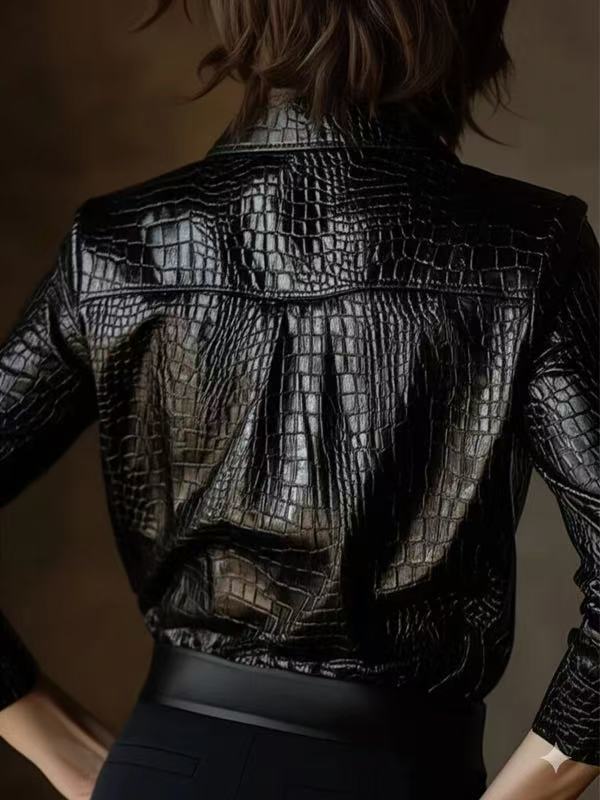 Women Clothing Long Sleeve Shirt Glossy Serpentine Faux Leather Top Autumn Winter
