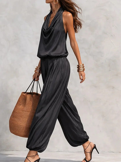 Women Elegant Office Draped Collar Vest Casual Pants Two Piece Sets