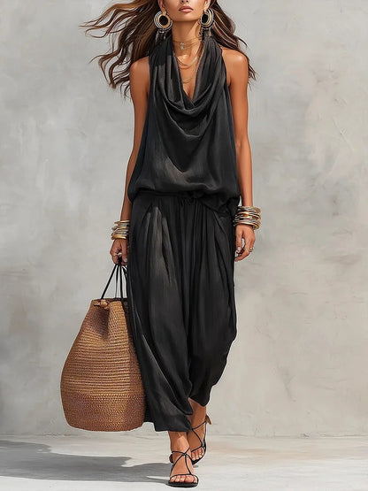 Women Elegant Office Draped Collar Vest Casual Pants Two Piece Sets