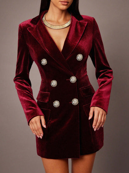 Velvet Coat Women Polo Collar Elegant British Double Breasted Slim Business Blazers Dress