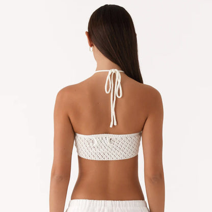 Spring Women Sexy Solid Color Halter Lace up Cutout Knitted Camisole