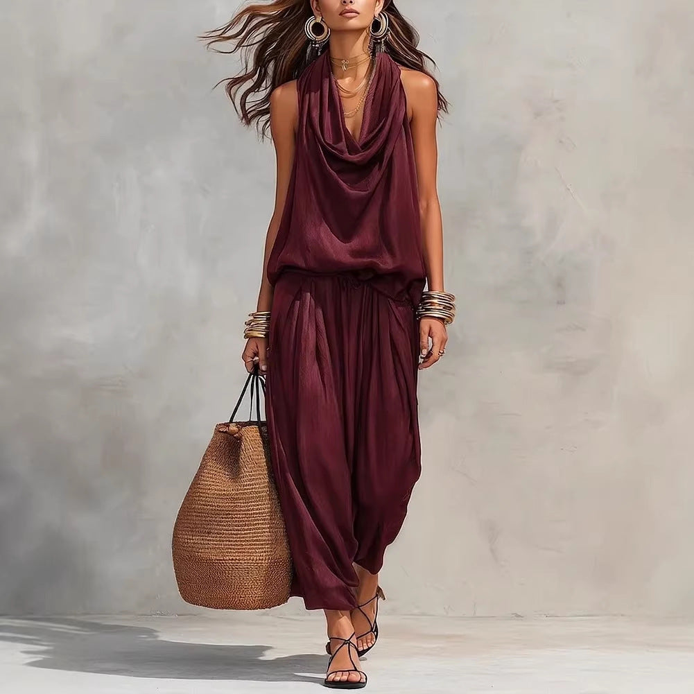 Women Elegant Office Draped Collar Vest Casual Pants Two Piece Sets