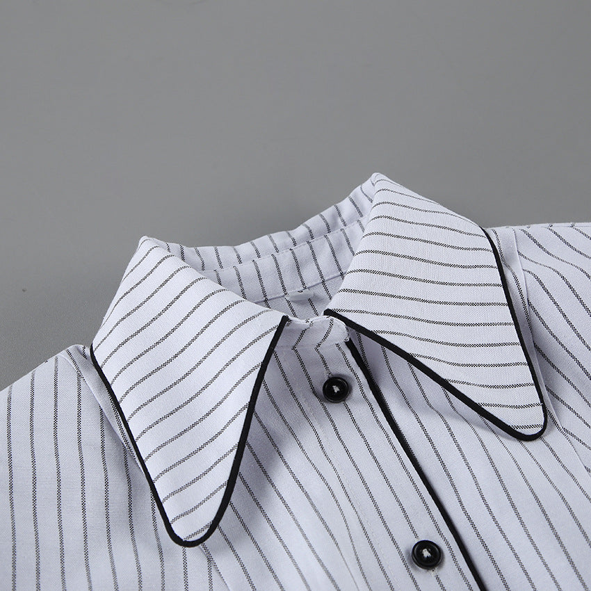 French Pointed Collar Striped Long Sleeved Shirt Women Autumn Office Shoulder Shirt Professional Top