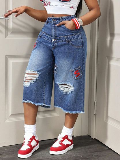 Trend Casual Ripped Frayed Summer Women Jeans Cropped Pants