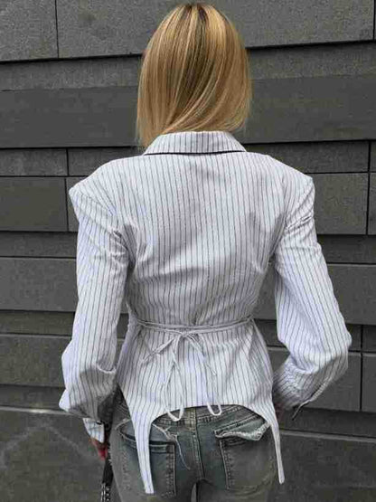 French Pointed Collar Striped Long Sleeved Shirt Women Autumn Office Shoulder Shirt Professional Top