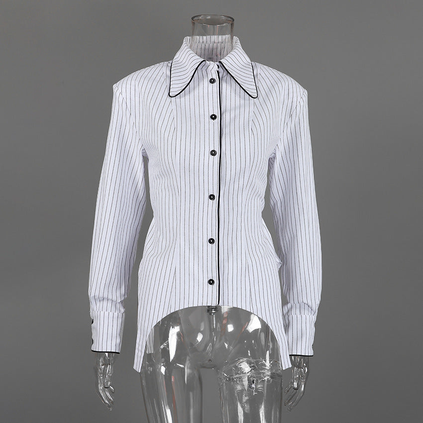 French Pointed Collar Striped Long Sleeved Shirt Women Autumn Office Shoulder Shirt Professional Top