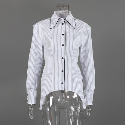 French Pointed Collar Striped Long Sleeved Shirt Women Autumn Office Shoulder Shirt Professional Top