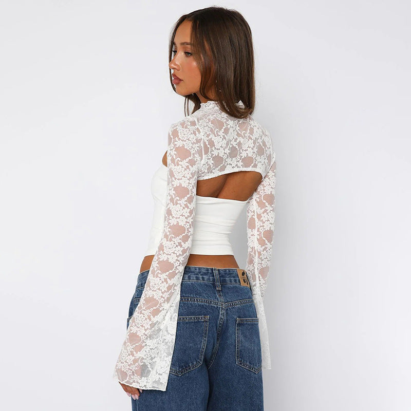 Women Clothing Summer Sexy Long Sleeve Lace Stitching Hollow Out Cutout Top