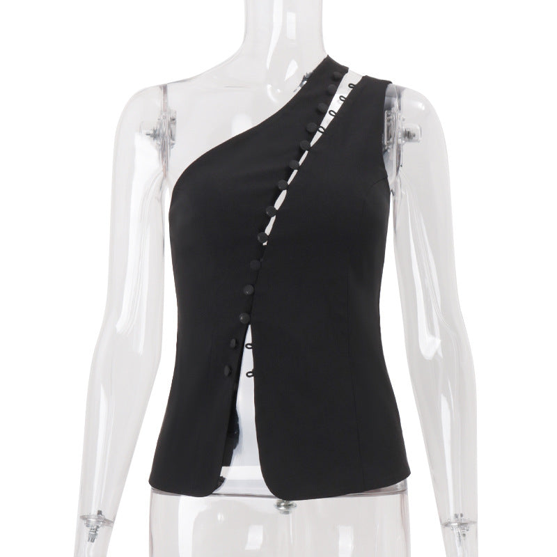 Women Clothing Summer Diagonal Collar Hooks Sexy Sleeveless Vest