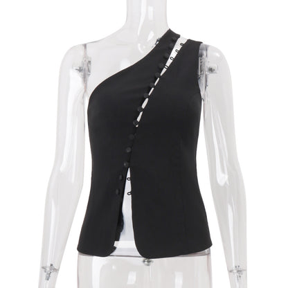 Women Clothing Summer Diagonal Collar Hooks Sexy Sleeveless Vest