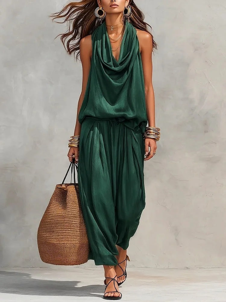Women Elegant Office Draped Collar Vest Casual Pants Two Piece Sets