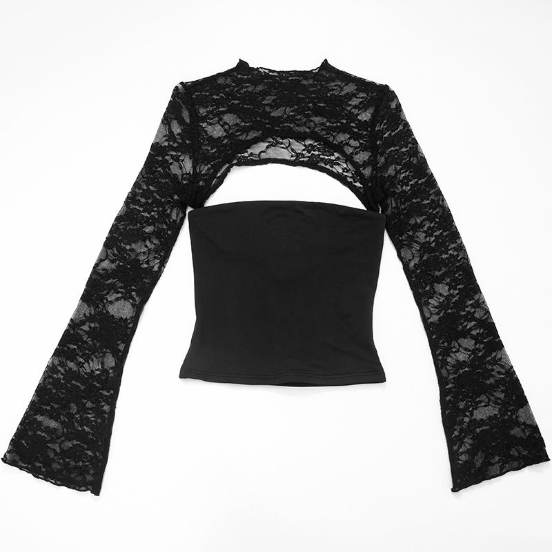 Women Clothing Summer Sexy Long Sleeve Lace Stitching Hollow Out Cutout Top