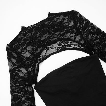 Women Clothing Summer Sexy Long Sleeve Lace Stitching Hollow Out Cutout Top