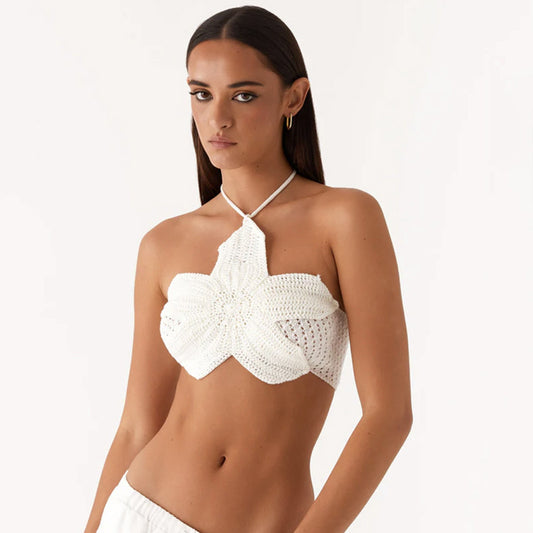 Spring Women Sexy Solid Color Halter Lace up Cutout Knitted Camisole