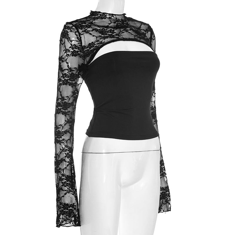 Women Clothing Summer Sexy Long Sleeve Lace Stitching Hollow Out Cutout Top