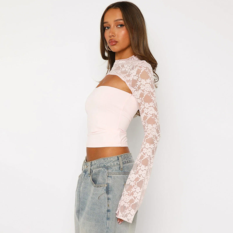 Women Clothing Summer Sexy Long Sleeve Lace Stitching Hollow Out Cutout Top