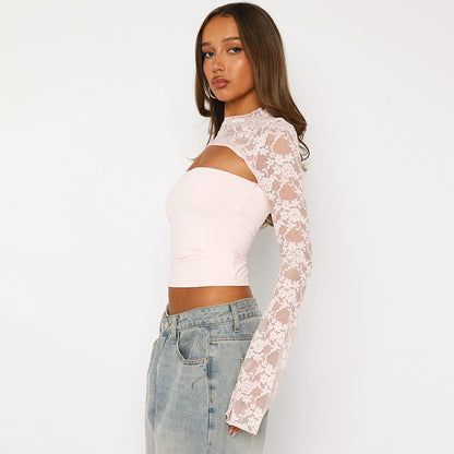 Women Clothing Summer Sexy Long Sleeve Lace Stitching Hollow Out Cutout Top