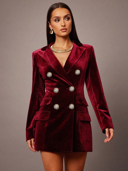 Velvet Coat Women Polo Collar Elegant British Double Breasted Slim Business Blazers Dress