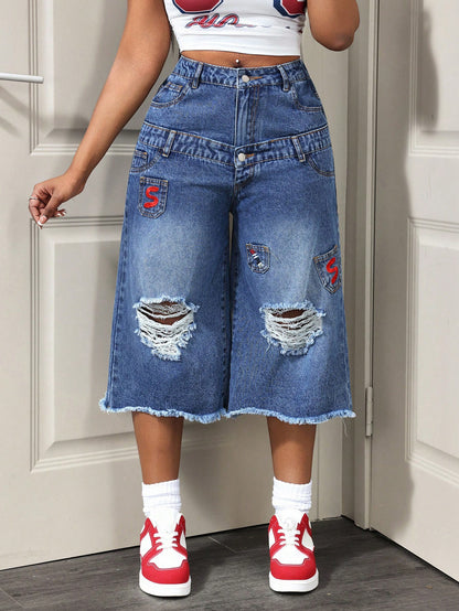 Trend Casual Ripped Frayed Summer Women Jeans Cropped Pants