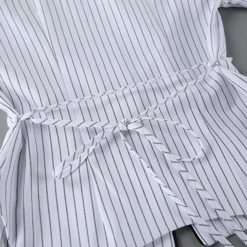 French Pointed Collar Striped Long Sleeved Shirt Women Autumn Office Shoulder Shirt Professional Top