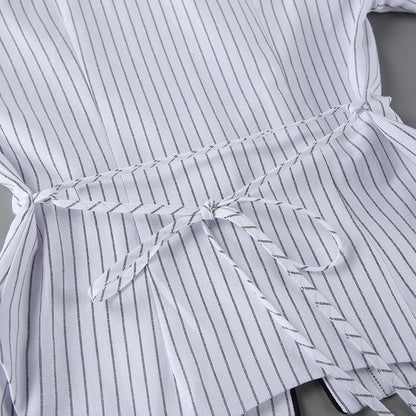 French Pointed Collar Striped Long Sleeved Shirt Women Autumn Office Shoulder Shirt Professional Top