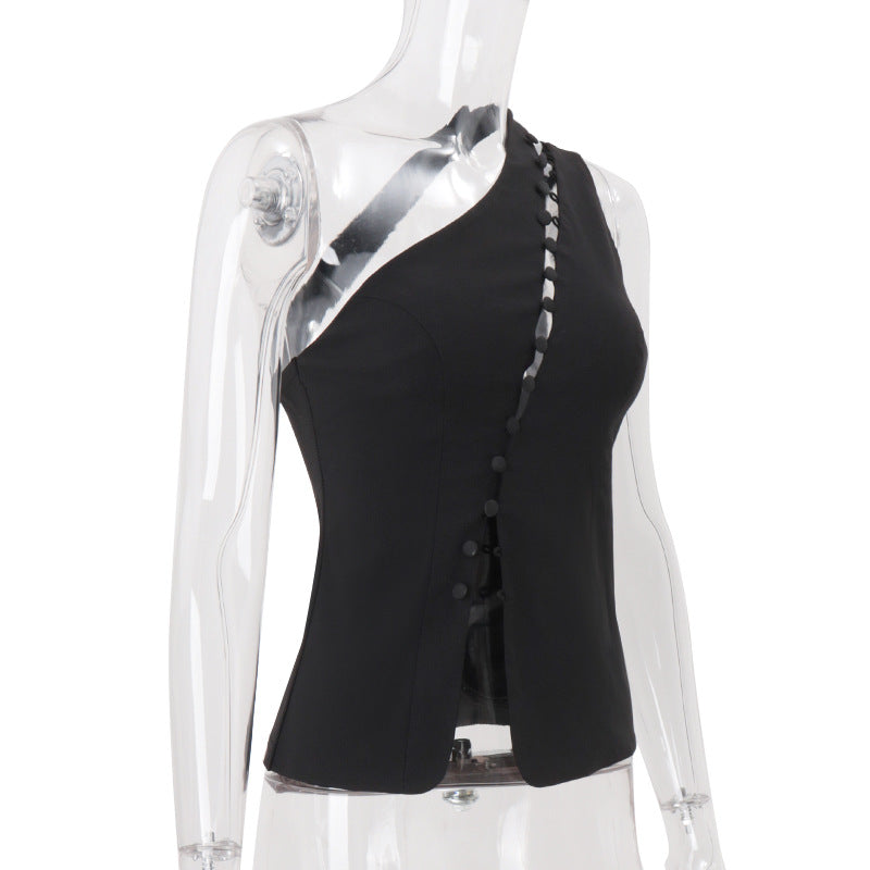 Women Clothing Summer Diagonal Collar Hooks Sexy Sleeveless Vest