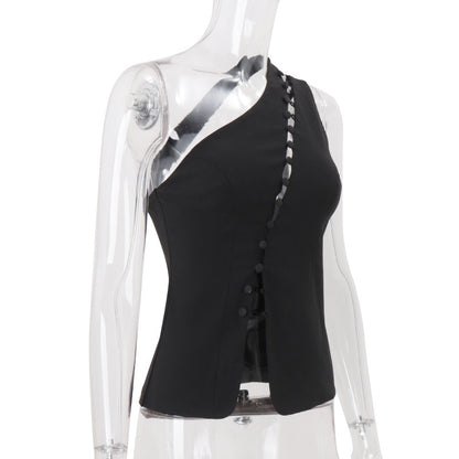 Women Clothing Summer Diagonal Collar Hooks Sexy Sleeveless Vest