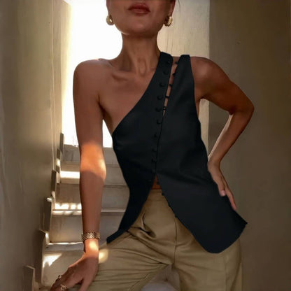 Women Clothing Summer Diagonal Collar Hooks Sexy Sleeveless Vest
