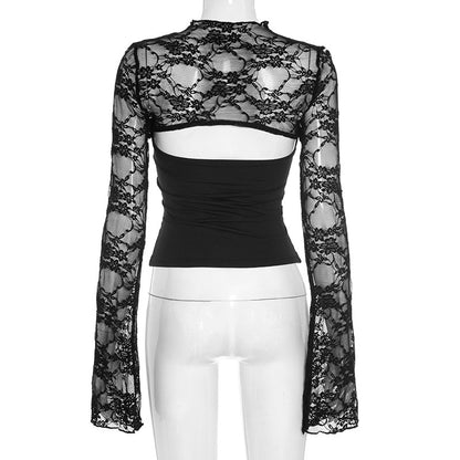 Women Clothing Summer Sexy Long Sleeve Lace Stitching Hollow Out Cutout Top