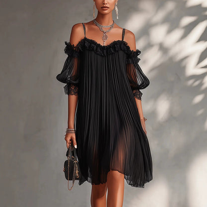 Summer Women Clothing Sexy See through Lace Splicing Sling Solid Color Backless Dress