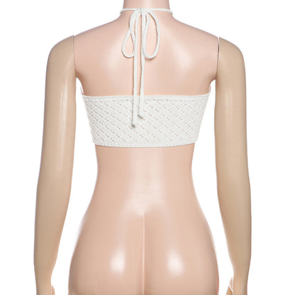 Spring Women Sexy Solid Color Halter Lace up Cutout Knitted Camisole