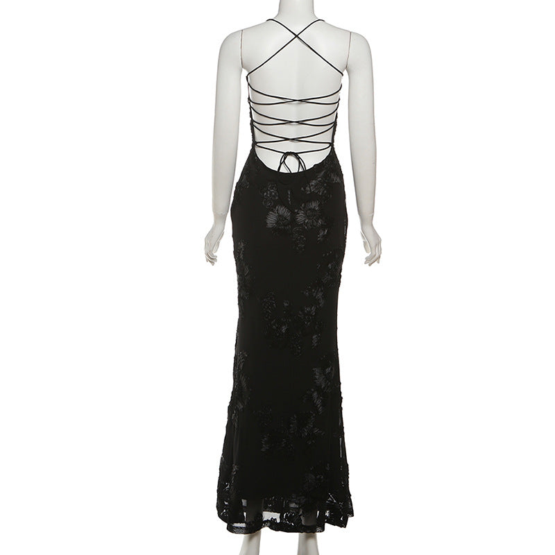 Women Clothing Summer Sexy Slim Fit Slimming Backless Lace up Dress Maxi Dress