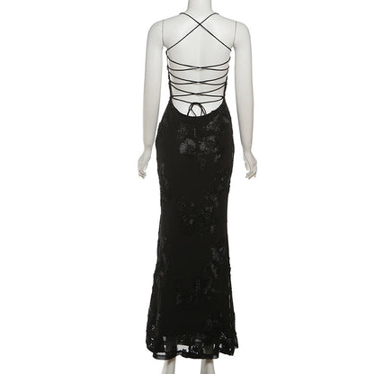 Women Clothing Summer Sexy Slim Fit Slimming Backless Lace up Dress Maxi Dress