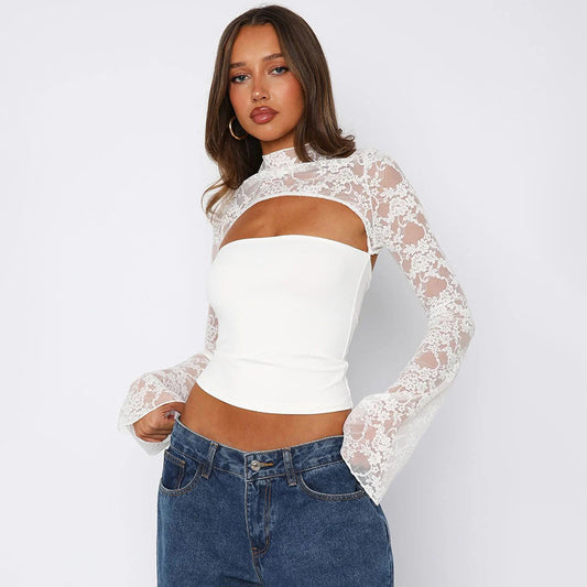 Women Clothing Summer Sexy Long Sleeve Lace Stitching Hollow Out Cutout Top
